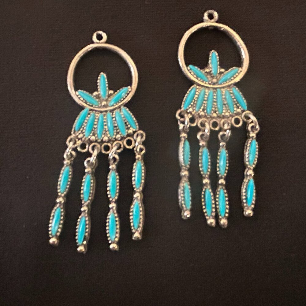 Vintage Zuni sterling silver turquoise needlepoint earring post drops